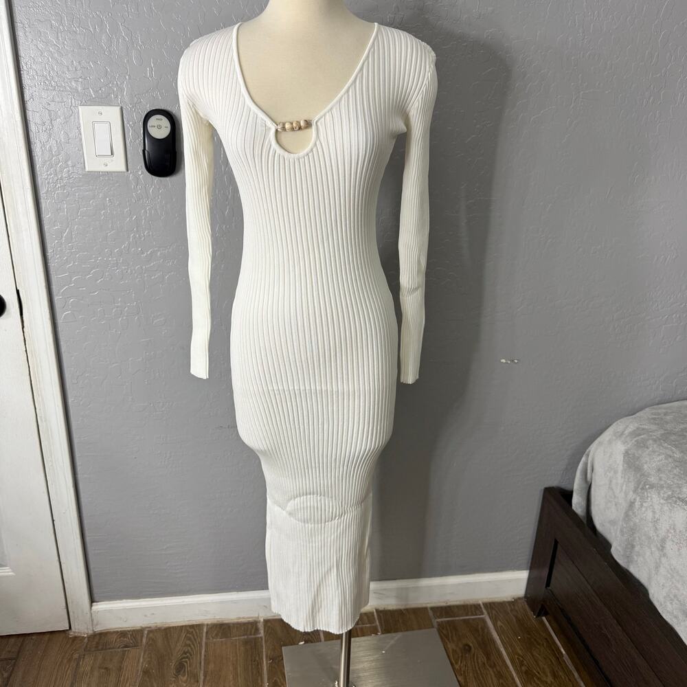 Glamorous Studios Pristine Energy Ivory Ribbed Beaded Long Sleeve Maxi Dress, S